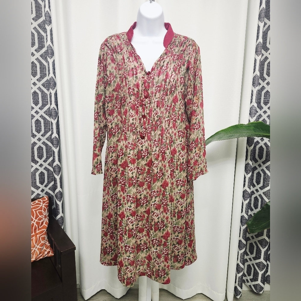 Sheer Floral Red and Cream Women's Dress Flowy Size Medium
